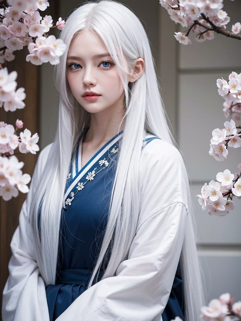 Long white hair, blue eyes, serious features, white skin, cherry blossom 