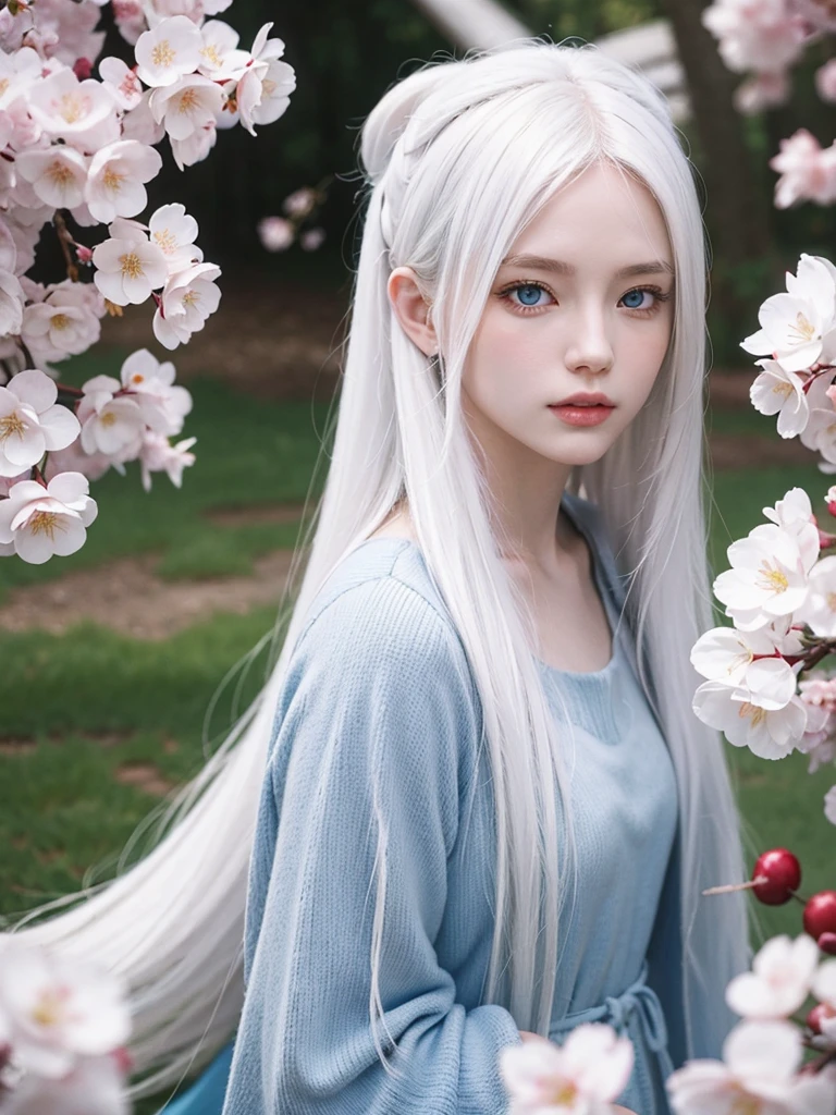 Long white hair, blue eyes, serious features, white skin, cherry blossom 