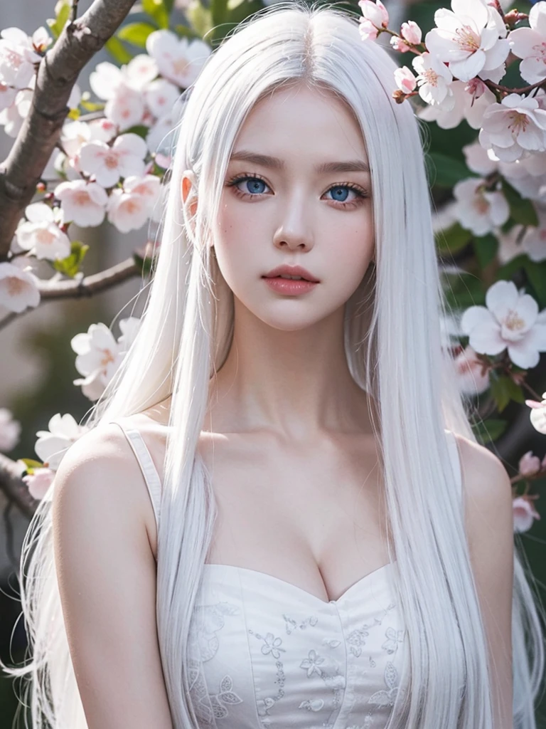 Long white hair, blue eyes, serious features, white skin, cherry blossom