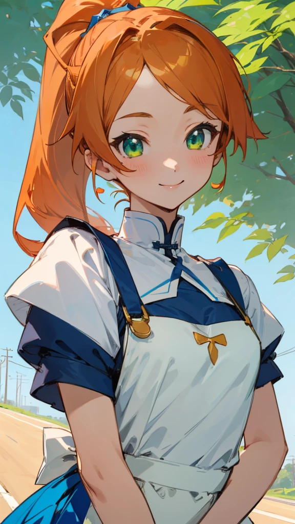 1 Girl、anime painting、Small breasts、White blouse、Blue Skirt、Apron appearance、Orange Hair、ponytail、Beautiful green eyes、smile、joy、Upper body close-up、Early summer roadside trees background、Sharp contours