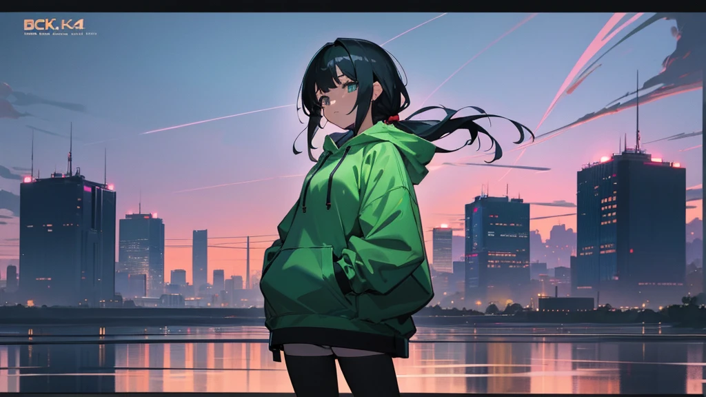 Anime girl in green hoodie standing in front of city skyline, Cyberpunk anime girl in a hoodie, black haired Girl wearing a hoodie, Girl wearing a hoodie, Anime Style 4 k, Anime Style. 8K, Wearing a hoodie, Digital anime illustration, アニメアート壁紙 8K, Inspired by Liam Wong, 4k anime wallpaper, 4K Manga Wallpapers, anime wallpaper 4k
