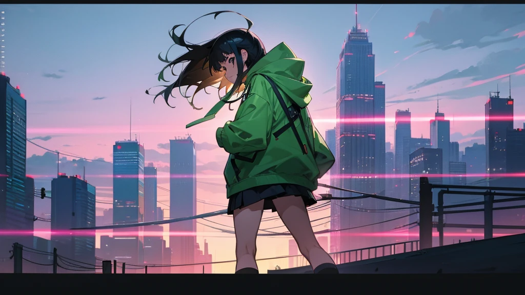 Anime girl in green hoodie standing in front of city skyline, Cyberpunk anime girl in a hoodie, black haired Girl wearing a hoodie, Girl wearing a hoodie, Anime Style 4 k, Anime Style. 8K, Wearing a hoodie, Digital anime illustration, アニメアート壁紙 8K, Inspired by Liam Wong, 4k anime wallpaper, 4K Manga Wallpapers, anime wallpaper 4k
