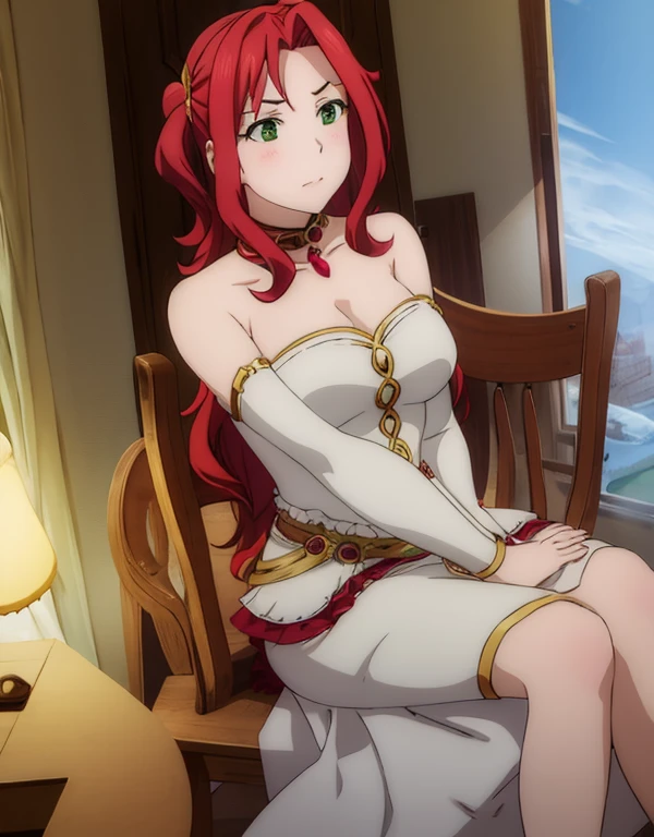 1girl, red hair, long hair, green eyes, blush, crown, cleavage, large breasts, mermaid dress, thight dress, bedroom, 