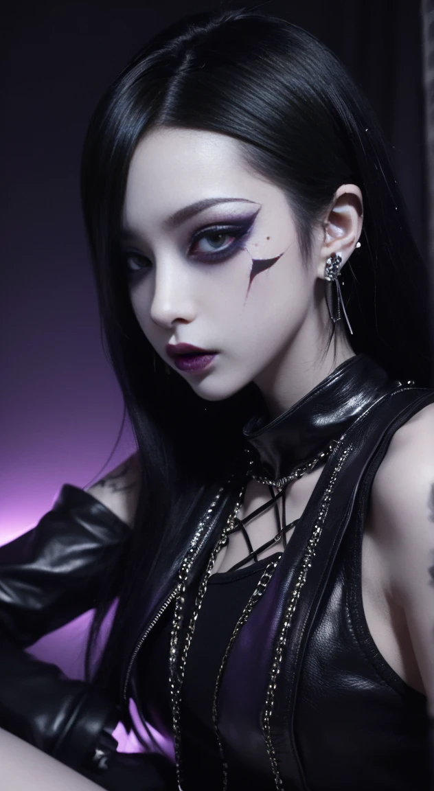 4K Ultra Sharp、Highest quality, masterpiece, Ultra-high resolution, (reality: 1.4), 16-year-old girl, Purple eyes, Neogoth, Cinema Lighting、purple and black hair、(Mine Girl、Goth Makeup、Landmine Makeup)、(Earrings、Small breasts、Gothic Punk、Dark mini skirt)、((Heavy makeup、Oilskin,Glowing Skin、Realistic skin texture、Beautiful skin in every detail、Shiny skin)), nightの暗い繁華街、night、blue film photography、Kabukicho、(Full Shot:1.8)、Thin legs、Thin arms、Narrow shoulders、Narrow waist、Slender body、Flat Chest、whole body、Black Mask、Mask on mouth
