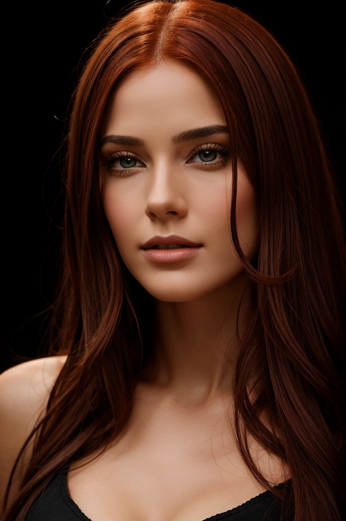 Close up portrait of a beautiful woman with long red hair against a black background, in the fantasy art style of a digital painting in the style of Magali Villeneuv
