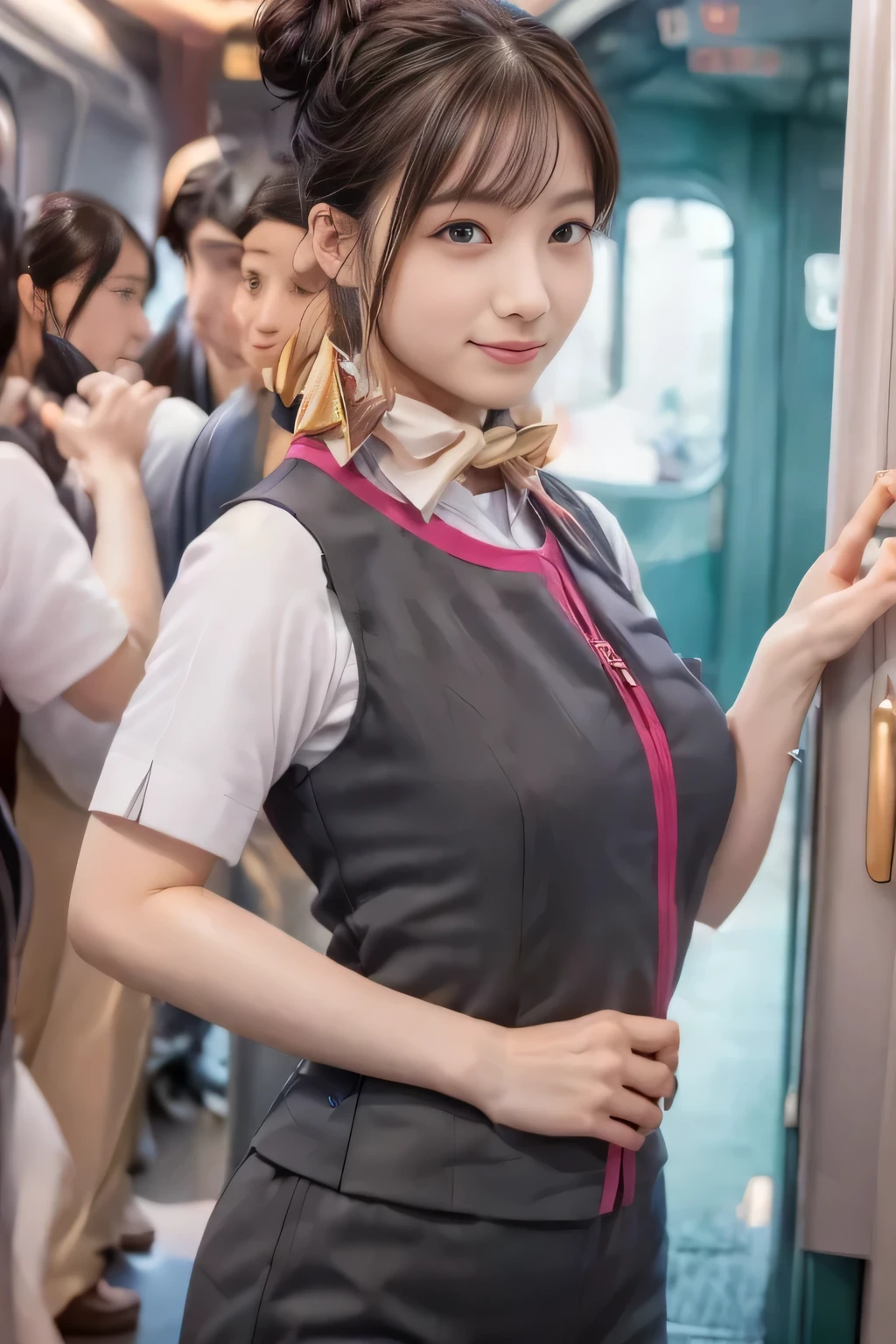 (masterpiece:1.2, Highest quality:1.2), 32k HDR, High resolution, (alone、One Girl)、(Ride the bullet train、Professional Lighting)、Background in the car、(Realistic style of JR Gran Class crew uniform)、Short sleeve blouse、a scarf around the neck、(JR Gran Class flight attendant uniform with pink parts on the skirt sleeves)、(The uniform of the flight attendants of JR Gran Class has a pink line on the front zipper of the vest..)、Dark brown hair、(Hair tied up、Hair Bun、Hair Bun)、Dark brown hair、Long Shot、Big Breasts、((Great hands:2.0)),((Harmonious body proportions:1.5)),((Normal limbs:2.0)),((Normal finger:2.0)),((Delicate eyes:2.0)),((Normal eyes:2.0)))、Luxury Necklace、smile、Beautiful standing posture,