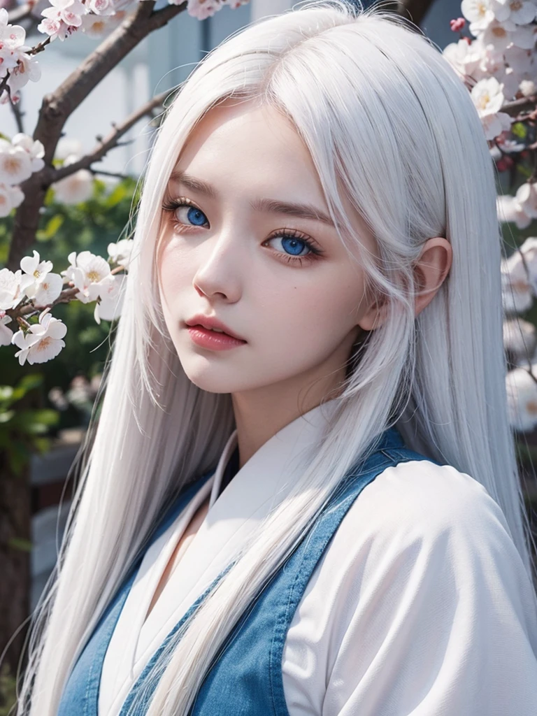 Long white hair, blue eyes, serious features, white skin, Sakura Korea