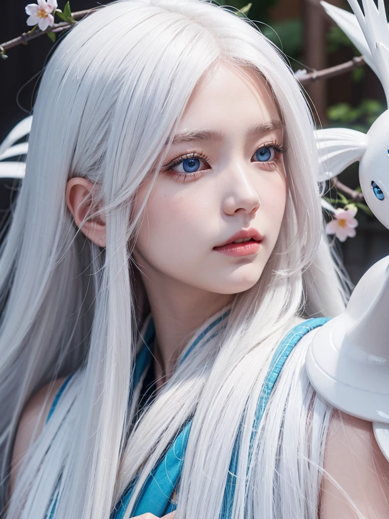 Long white hair, blue eyes, serious features, white skin, Sakura Korea 