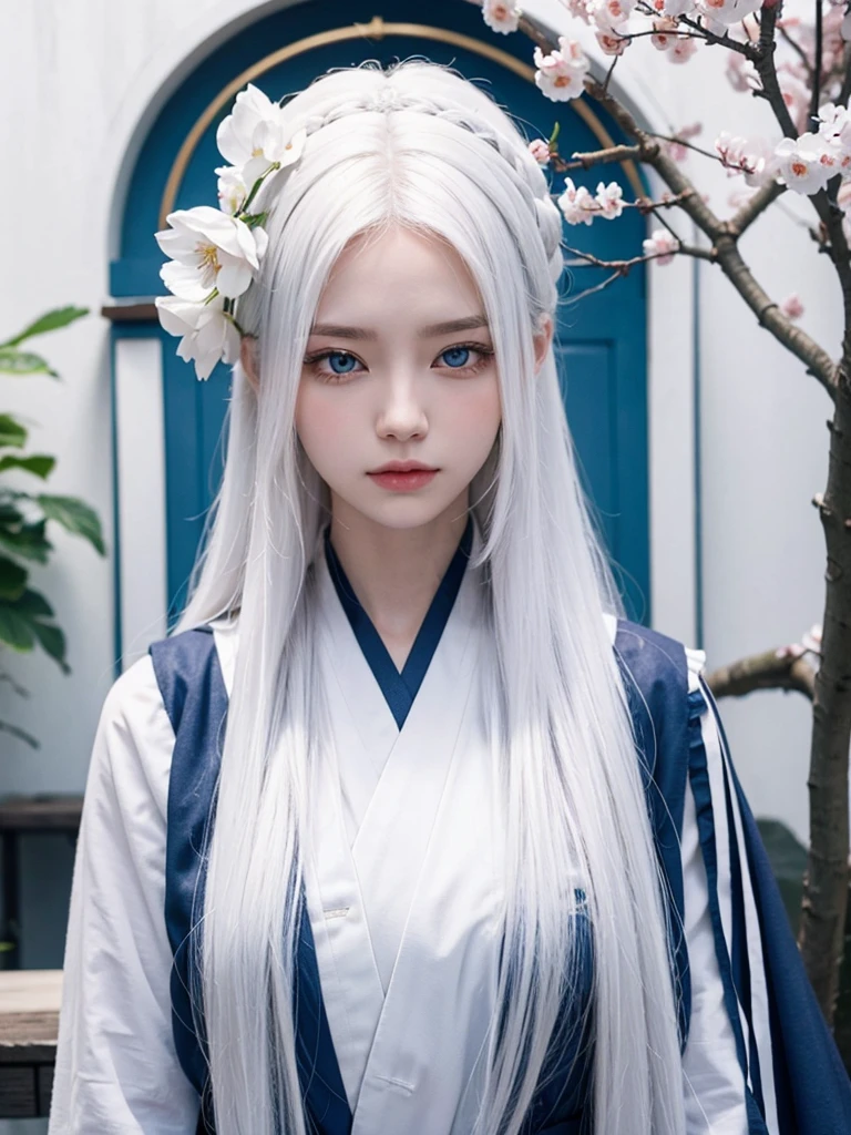 Long white hair, blue eyes, serious features, white skin, Sakura Korea