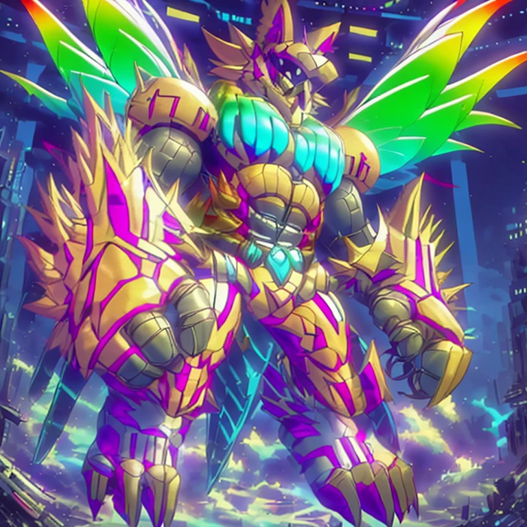(situation 1 : dominating Shiny_Mega_Lucario. Shiny_Mega_Lucario is over 1000 meters long. focus GIANT mechanical Muscular Shiny_Mega_Lucario is trampling the city. Looking down. macro. stomp. Low-angle perspective. emphasizing the immense size.)
(situation 2 :smoke and flames rising from the destruction in the city)
(Additional details 1: wearing a full-face helmet. golden armor. high-tech bio-mecha armor. real texture material. whole body shines like metal. Wearing cyberpunk mecha. emphasizes the muscles. suit fully made of metal. intricate armor. Robotic suit. suit fully made of metal. cyborg. The Phoenix Wolf. The_Phoenix_Wolf.).
(Additional details 2: (Detailed head. Detailed Body. Detailed abs. gigantic muscles. HYPER MUSCLES. Gigachad Muscular. big muscle. pecs. triceps. traps. unusually developed muscular body. body full of huge muscles. showing off muscles. pectorales enormes. Exaggeratedly huge muscles. huge muscles. long legs.).
(Additional details 3: Spread wings. It has wings. have big wings. The claws are sharp. Sharp teeth).
(Additional details 4: golden hyper penis. hyper golden penis. big penis)