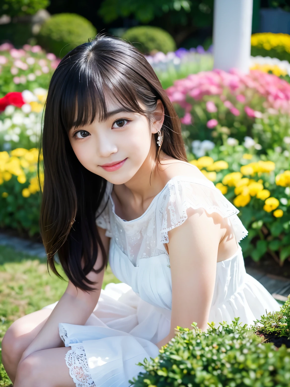 (Best-quality, Masterpiece, Ultra-High-Resolution, (Photorealistic:1.4), Raw Photo, depth of field, professional lighting, perfect anatomy, extremely details), 1girl, 15-years-old, the most famous Japanese idol, (((at flower garden, from below))), ((wearing extremely cute-lacy casual-dress with cute-design)), (extremely cute and extremely childish face like the most popular Japanese idol,((extremely cute and extremely big eyes)), extremely beautiful black-long-hair, ((extremely beautiful skins)), extremely cute long-eyelashes, extremely cute lips, extremely cute legs), ((innocent smile))