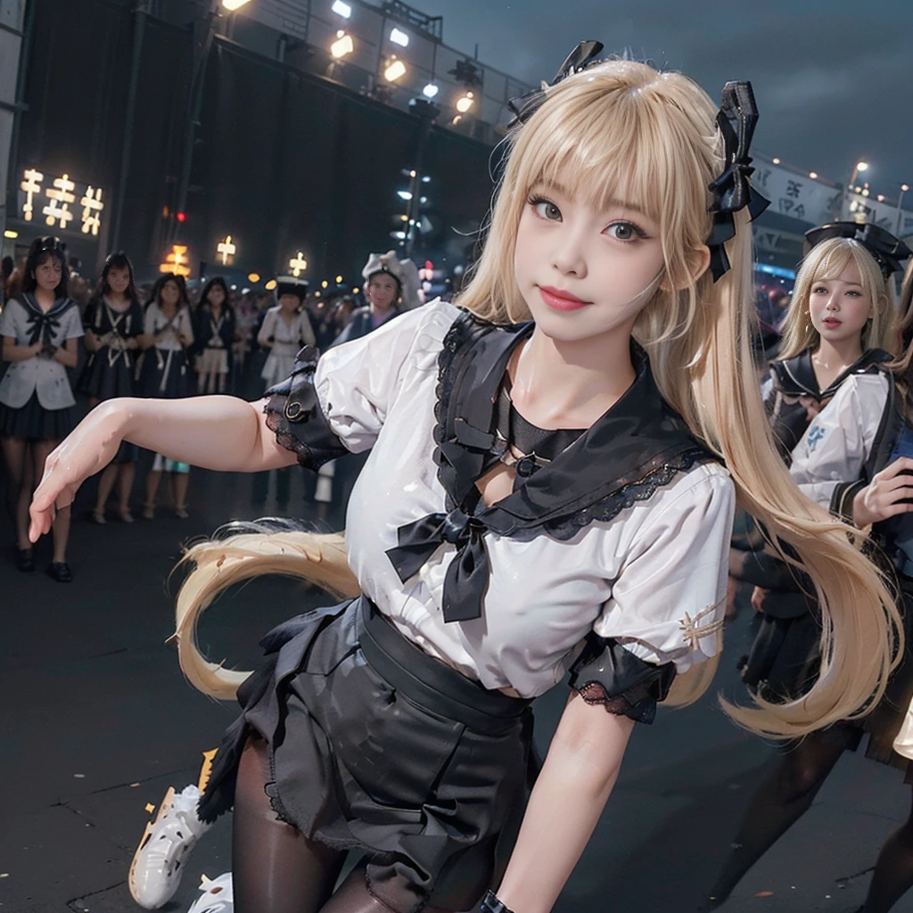 8K resolution, surreal, Super detailed, high quality, perfect anatomy, perfect proportion, masterpiece, nsfw++, 
((((((A group photo in crowded festival at night, 6 girls, group photo)))))), 
(((((jirai fashion, black face mask, sailor collar, sailor uniform, Lace, micro mini skirt, bow ribbon))))), 
((((grin, detailed face, blush)))), 
((((blond hair, bleached hair)))), (((impossible breasts))),  
(((shiny oiled skin, detailed skin))), 
(((tight clothes, thigh, thin black pantyhose))), looking at viewer