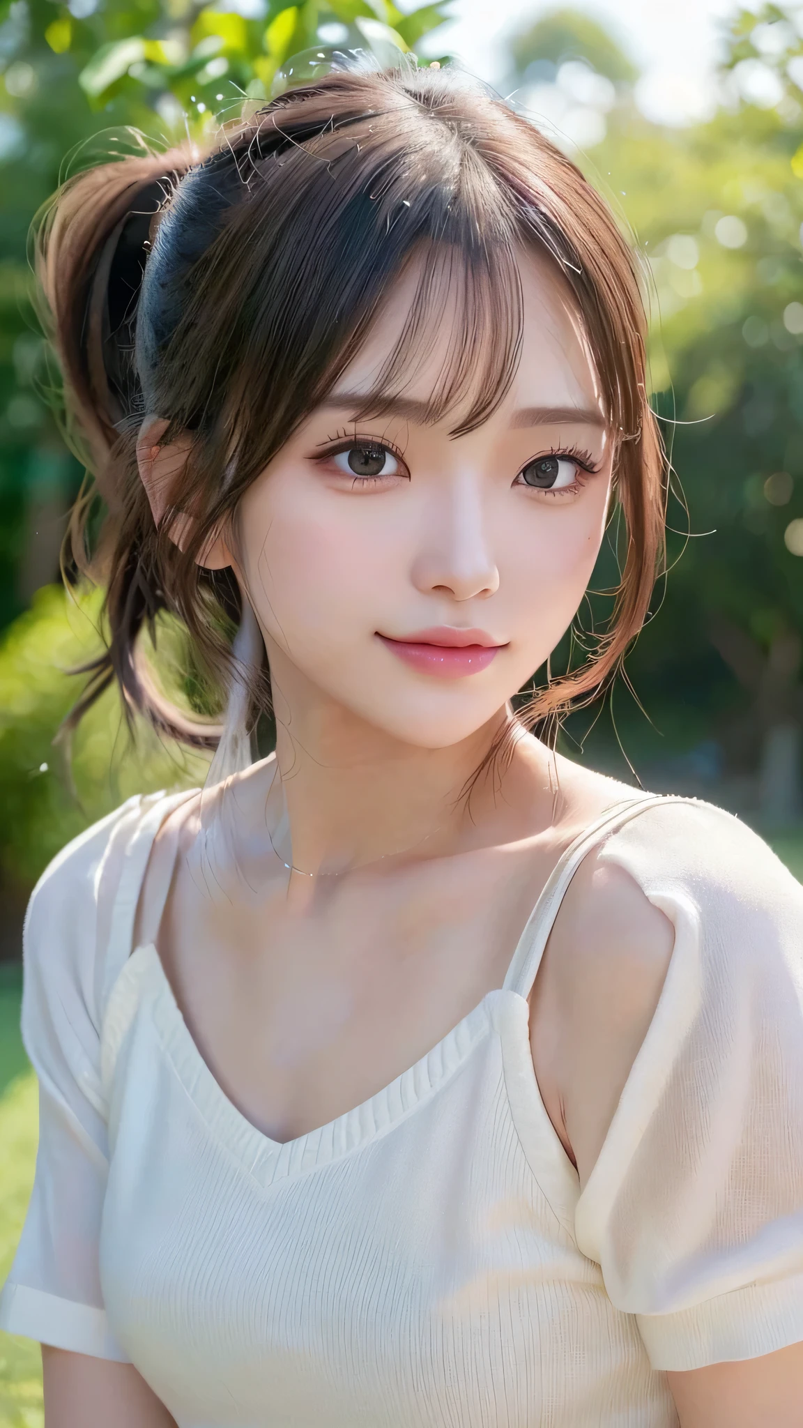One piece with collar,outdoors,Urban Park,On the lawn,Ultra-detailed, finely detail, hight resolution, 8K Wallpaper, Perfect dynamic composition, Beautiful detailed eyes,Outdoor,Close-up of face,Outdoor,Blushing,Facing forward,,Long hair ponytail,((8k, Raw photo, Best Quality, Mastepiece:1.2), (Realism, Photorealistic:1.4), (Highly detailed 8K wallpapers), Depth of written boundary, Cinematic Lighting, Soft Light, Detailed Beauty Eye,Shiny and smooth light brown ponytail, Asymmetrical bangs, Shiny skin, Ultra-detailed skins ,It is high resolution., High detail, Detailed hairstyle, Detailed facial beauty, Hyper-realistic, Perfect limbs, Perfect Anatomy ,1 Japanese girl,Famous Japanese Idols, Perfect female body,A shy smile,Short eyelashes,Double-edged eyelids,Look straight here,Hair style: ponytail,