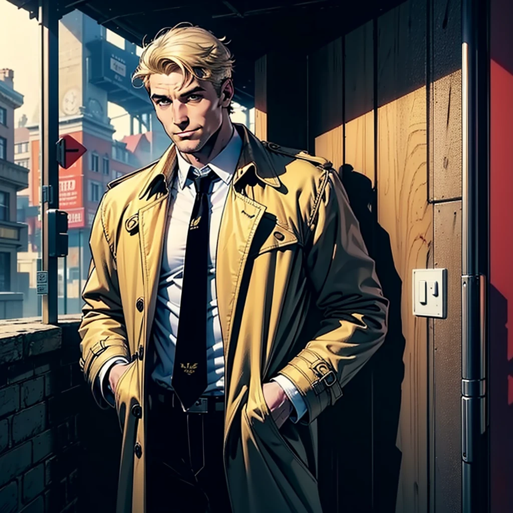 1 man, solo, John Constantine, British man, tall, fit muscle, big baggy faded plain yellow trench coat, ((loose red tie)), loose untidy white shirt, ((black sweater under trench coat and upper white shirt,black trousers, smirks, light blond hair, Medium hair style, dark Liverpool street in the background, nightime, best quality, 4k, upper body shot, wallpaper