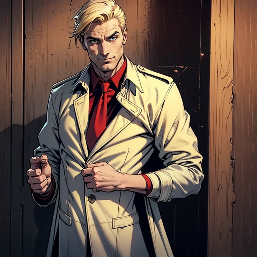 1 man, solo, John Constantine,  British man, tall, fit muscle, big baggy faded plain yellow trench coat, ((loose red tie)), loose untidy white shirt, ((black sweater under trench coat and upper white shirt,black trousers, smirks, light blond hair, Medium hair style, dark Liverpool street in the background, nightime, best quality, 4k, upper body shot, wallpaper