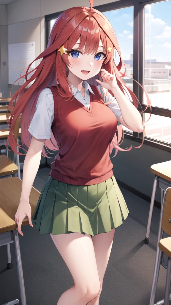 masterpiece, best quality, highres, aaitsuki, long hair, ahoge, star hair ornament, , red sweater, sweater vest, short sleeves, green skirt, pleated skirt, classroom, indoors, smile, open mouth, standing, cowboy shot, (hand down)