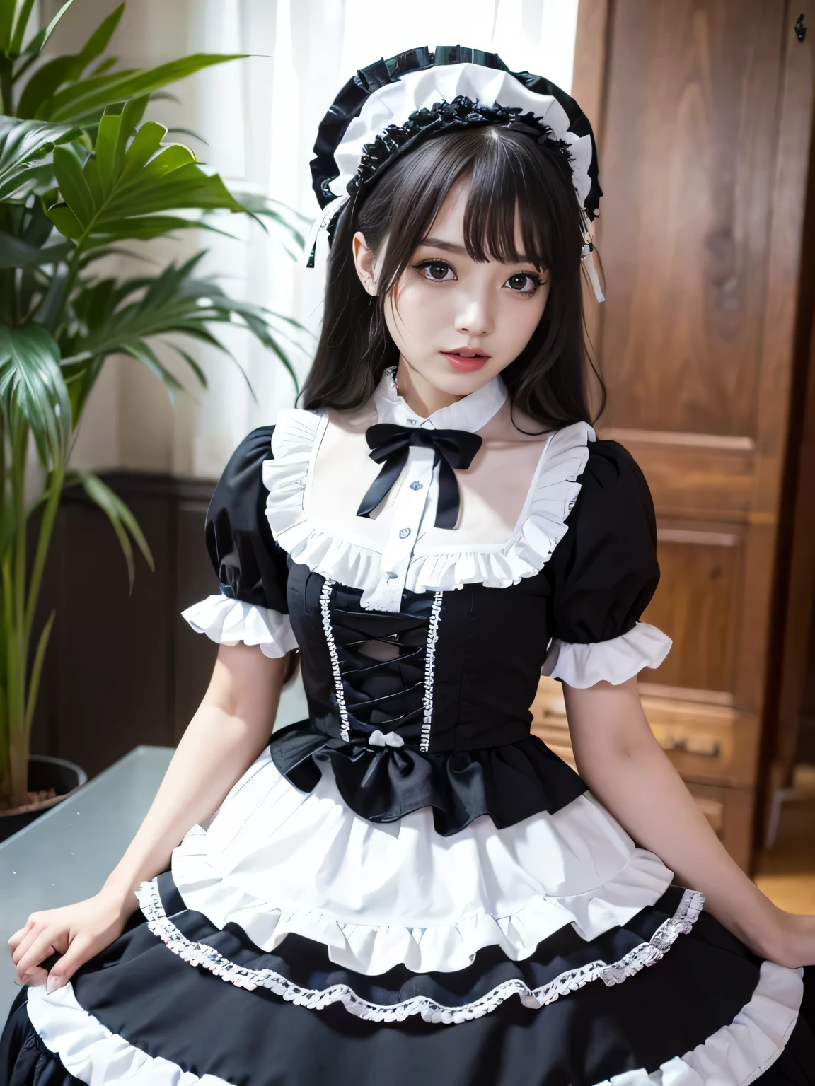 (Tabletop, Highest quality:1.2), 8K, 85mm, Full Body Shot、Thighs、Official Art, RAW Photos, Absurd, Black Hair, (Lolita Fashion, Sweet Lolita, Gothic, dress:1.2), Idol'Face, Upper Body, beautiful girl, Gardeniass, Copenhagen, Short sleeve, Grace, Sophisticated, Gardenia, View your audience, Film Grain, chromatic aberration, Sharp focus, Face Light, Dynamic Lighting, Cinema Lighting, Detailed face, Bokeh Background