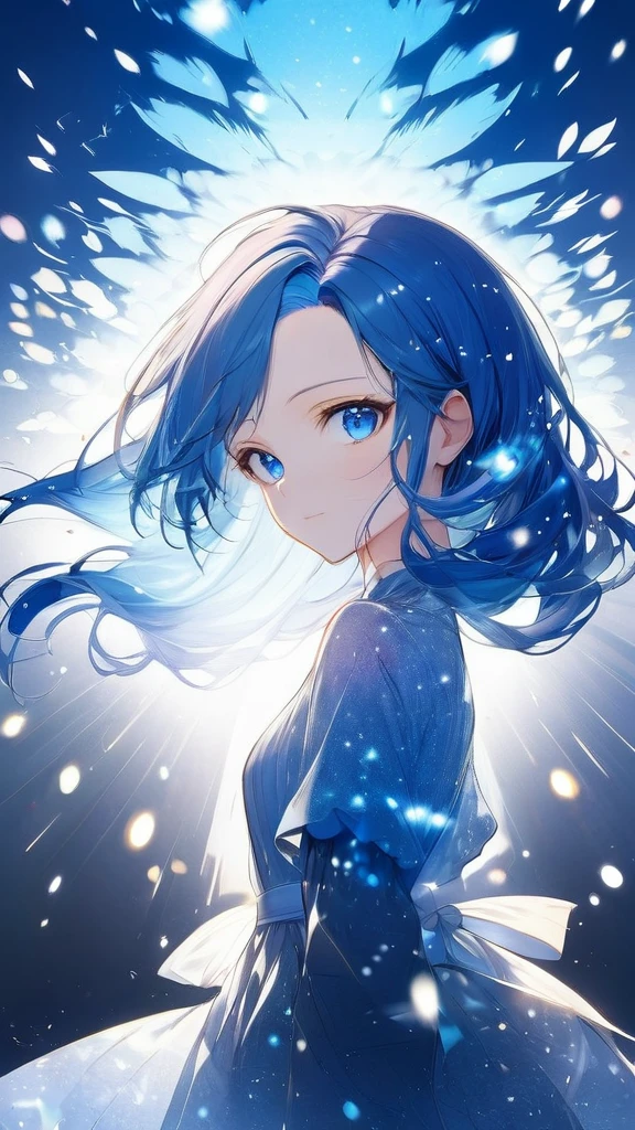 16k, (double exposure:1.05 silhouette: 1.1) (many detailed particles light) (background is exposure:1.1 ParticlesColorfulLight), wearing layered one piece dress, frontale forehead blue hair long hair lovely blue eyes girl.