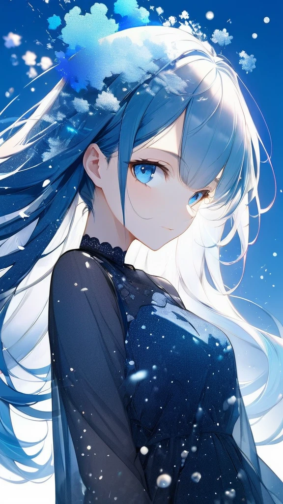 16k, (double exposure:1.05 silhouette: 1.1) (many detailed particles light) (background is exposure:1.1 ParticlesColorfulLight), wearing layered one piece dress, frontale forehead blue hair long hair lovely blue eyes girl.