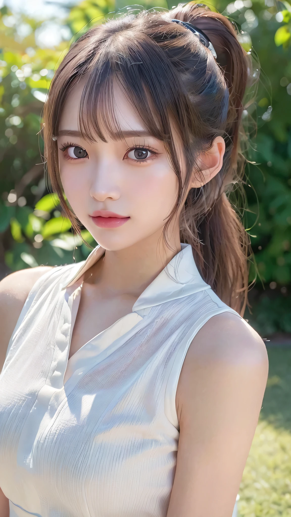 One piece with collar,outdoors,Urban Park,On the lawn,Ultra-detailed, finely detail, hight resolution, 8K Wallpaper, Perfect dynamic composition, Beautiful detailed eyes,Outdoor,Close-up of face,Outdoor,Blushing,Facing forward,,Long hair ponytail,((8k, Raw photo, Best Quality, Mastepiece:1.2), (Realism, Photorealistic:1.4), (Highly detailed 8K wallpapers), Depth of written boundary, Cinematic Lighting, Soft Light, Detailed Beauty Eye,Shiny and smooth light brown ponytail, Asymmetrical bangs, Shiny skin, Ultra-detailed skins ,It is high resolution., High detail, Detailed hairstyle, Detailed facial beauty, Hyper-realistic, Perfect limbs, Perfect Anatomy ,1 Japanese girl,Famous Japanese Idols, Perfect female body,A shy smile,Short eyelashes,Double-edged eyelids,Look straight here,Hair style: ponytail,