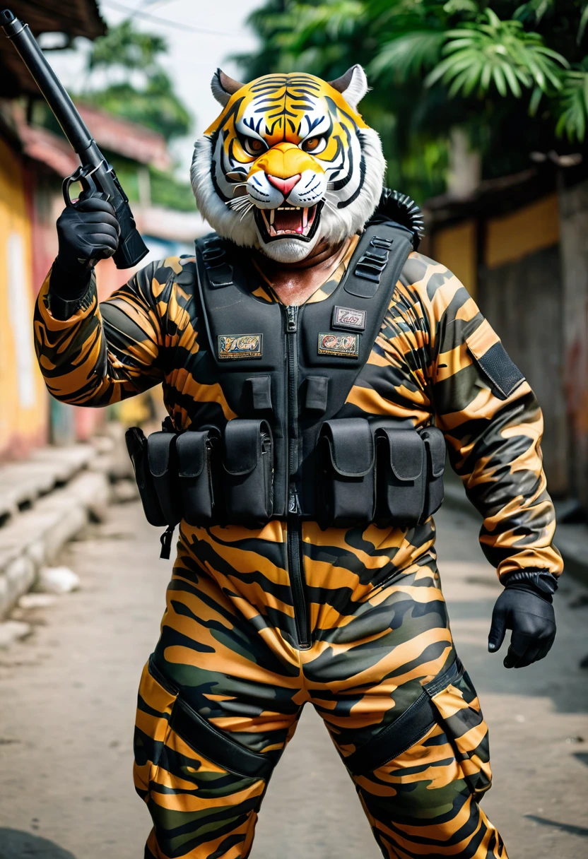 (a dark-skinned fat muscular old man in a bulky camouflage zipper diver suit) carrying a gun and (wearing realistic roaring siberian tiger mask), thumbs up, muscular, Basuki Abdullah, sumatraism, action, a character portrait, heroic, fierce, snarling
