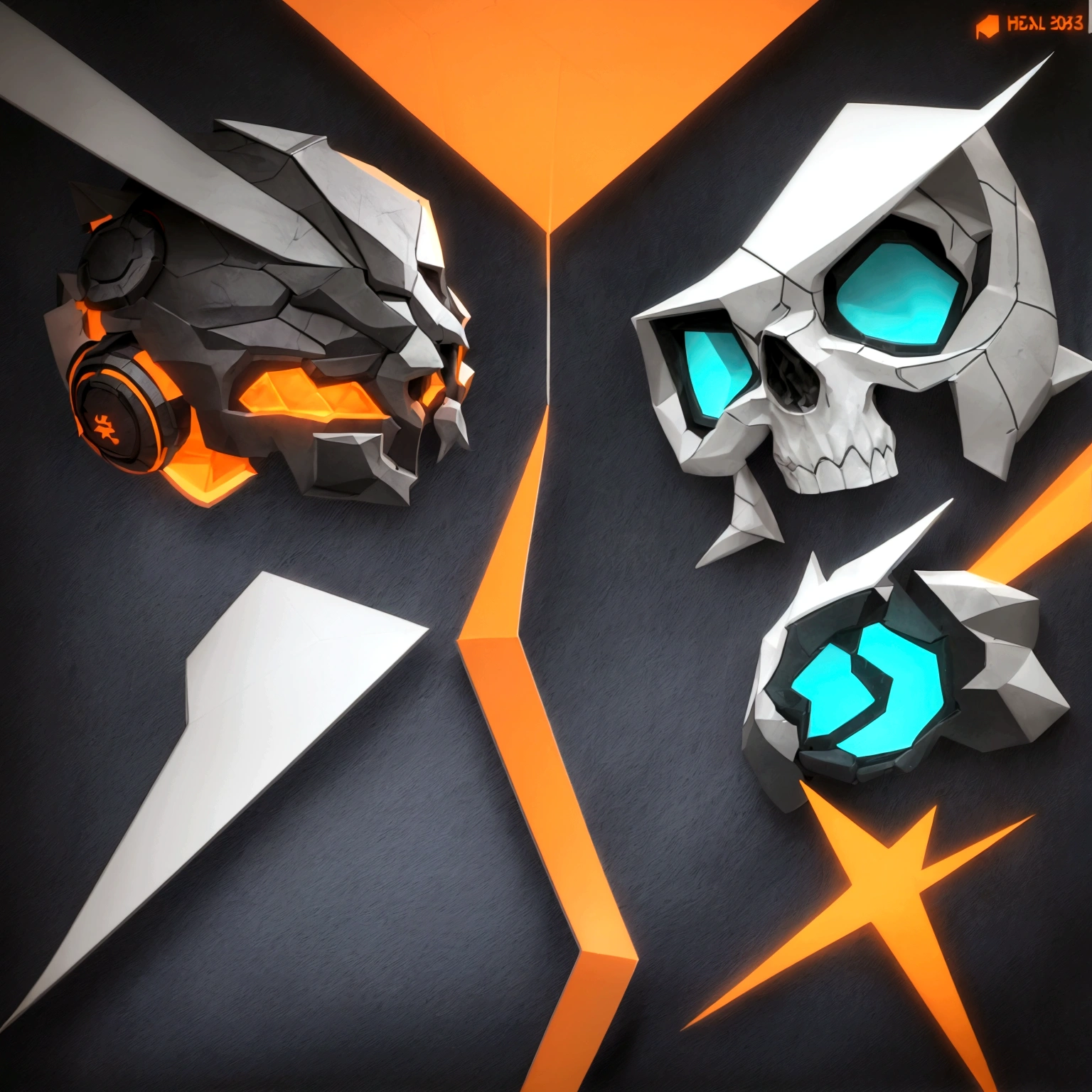 Game development studio logo featuring three interconnected stylized skulls. 1) 3D modeler skull: 45-degree right, low poly, wireframe, headphones, UI elements, blues/teals. 2) Programmer skull: front-facing, made of code, cursor eye, loading icon eye, motion lines, neon green on black. 3) Game designer skull: 30-degree left, book-inspired, quill nose, story elements, game icon teeth, yellows/oranges/purple. Arranged in triangle, slightly overlapping, unified sketch/digital style. Subtle circuit board background. Studio name integrated. Soft inner glow, connecting lines between skulls. Main skull (3D modeler) slightly larger, foreground. Mix of smooth and rough textures. High contrast, vibrant colors, professional yet edgy aesthetic