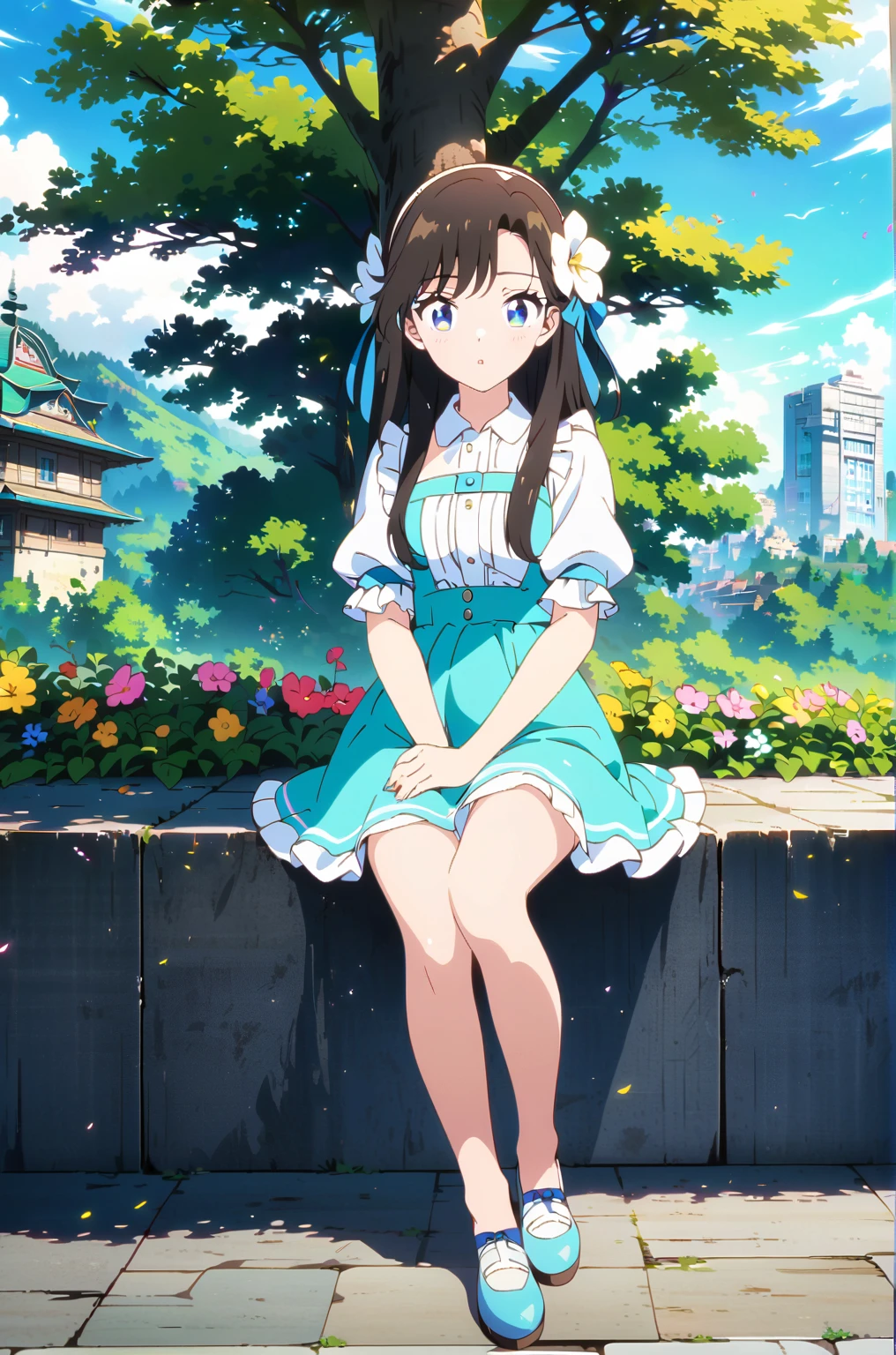 (Ultra-detailed illustrations:1.2),Anime girl sitting on a wall with flowers in her hair, Cute girl anime visuals,  In a dress, Beautiful Anime girl, Young Anime Girl, Cute anime waifu in a nice dress, Beautiful Anime, Anime Moe Art Style, Cute Anime Girl, High quality anime art style, Beautiful Anime art style, Beautiful Anime style, Beautiful Anime portrait, Anime full body illustration