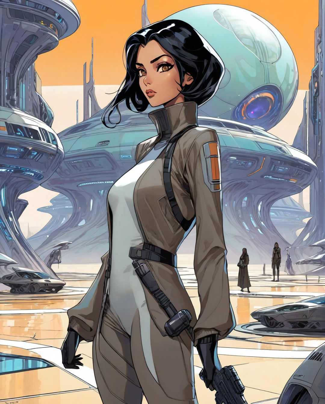 A gracefully dangerous Saudi Arabian woman, with light brown tan skin, brown eyes, and black hair, appears as an assassin and spy in a futuristic Alien planet city and landscape. The image depicts her in sleek, advanced attire that blends seamlessly with the alien surroundings. Every detail bursts with life amid the futuristic decay: her attire is a mix of high-tech and cultural elements, her eyes shine with cunning determination, and her movements exude deadly grace. The scene captures a perfect balance of elegance and danger, drawing viewers into a thrilling tale of intergalactic espionage.