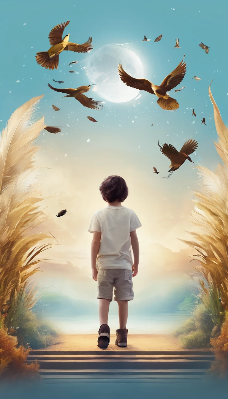 Create a professional, fantastic, cinematic dream-like Youtube Banner for a brand about music, stories, fantasy and dreams called " Penamemoria". Masterpiece, 4k, sharp focus, highest quality,wide shot. The title is " Penamemoria". Is a brand about the creative, unique journey of a boy into becoming a musician storyteller. In his journey he finds inspiration in a world of birds and feathers. Minimalistic, simple, poetic, dreamy logotype at the center of the image. The Background image is a world full of fantastic feathers, unique birds, light blue sky, soft white and light golden. Logo design of a face of a boy and a face of a feather