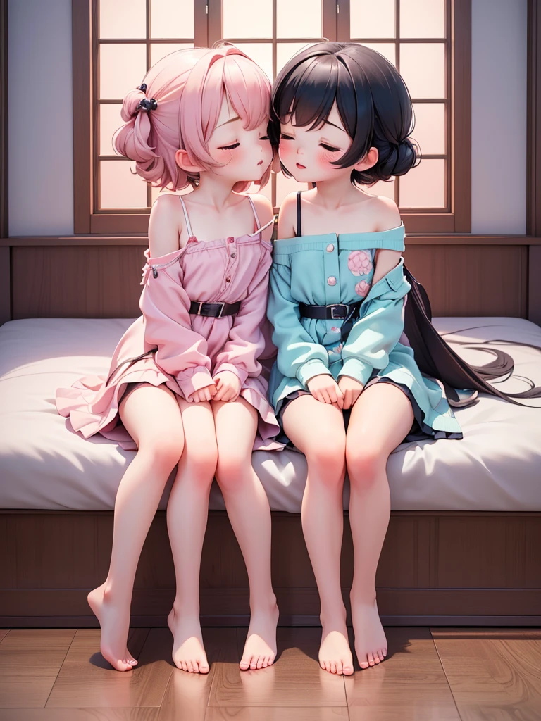 ((2girls)), ((petite kawaii, jk bishojo)), ((kawaii  face)), ((kawaii cute eyes)), ((masterpiece)), (best quality), ((ultra detailed)), (8k), (depth), (exquisite), (crisp), ((highres)), ((high standard)), ((beautiful and aesthetic)), (super detailed skin), (perfect anatomy), (lipstick), (blush), ((strap slip)), (bare foot), (one room), ((closed eyes, french kiss))