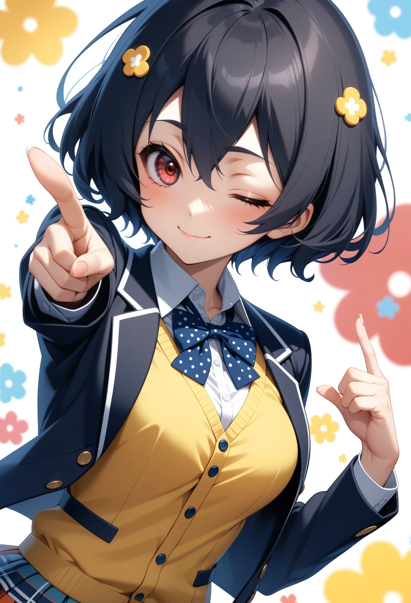 masterpiece, best quality, very aesthetic, absurdres,
1girl, mizuno ai, zombie land saga, black hair, red eyes, flower, hair flower, collared shirt, black jacket, , blue bowtie, yellow vest, plaid skirt, dutch angle, closed mouth, smile, pointing, pointing up, one eye closed,