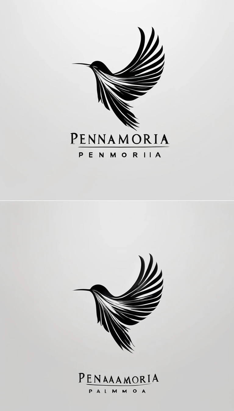 A minimal, modern, simple, cinematic logo design for the brand “Penamemoria". Create a modern, minimalistic, high-quality, logo of a feather-bird