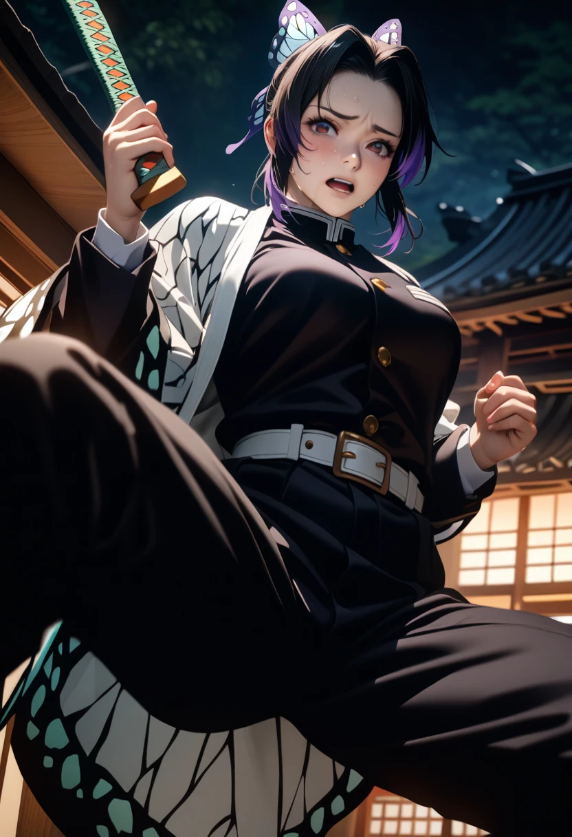 k0ch0ush1n0bu, shinobu kochou, animal print, black hair, butterfly, butterfly hair ornament, butterfly print, forehead, gradient hair, hair ornament, haori, multicolored hair, parted bangs, purple hair, short hair, two-tone hair,belt, black pants, butterfly print, coat, demon slayer uniform, haori, japanese clothes, pants, uniform,,1  japanese muscular girl,perfect hands, perfect finger,perfect anatomy, masterpiece, best quality,realistic, hyperrealistic, 16k hdr,medium breasts,outdoor,night,japanese old garden,,sweat,embarrassment,red blush,dynamic pose,dynamic angle,jump,in the air,from below,spread legs,(holding japanese sword,butterfly shaped sword guard) 