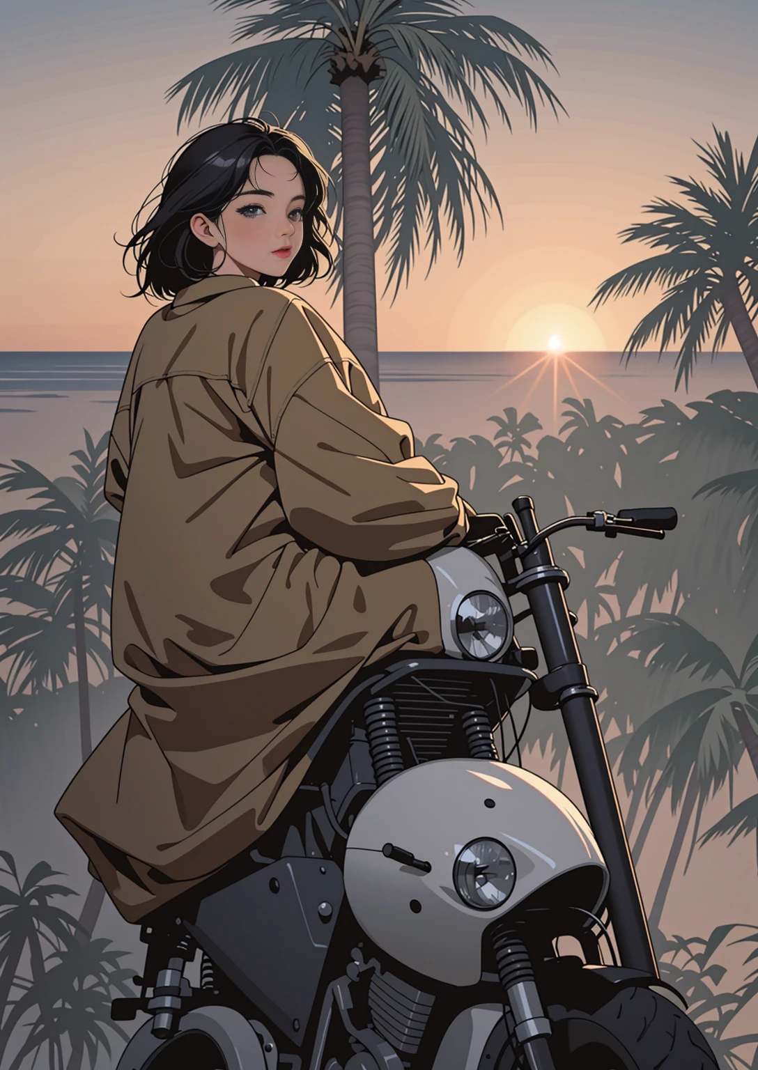 Retro Girl, Sunrise on the horizon、Sparkle of the Waves, motorcycle, Palm tree, 80's, City Pop、(Flat Color, flat texture, Line art:1.2), Graphical Design, (Dark ink, Ink Black),