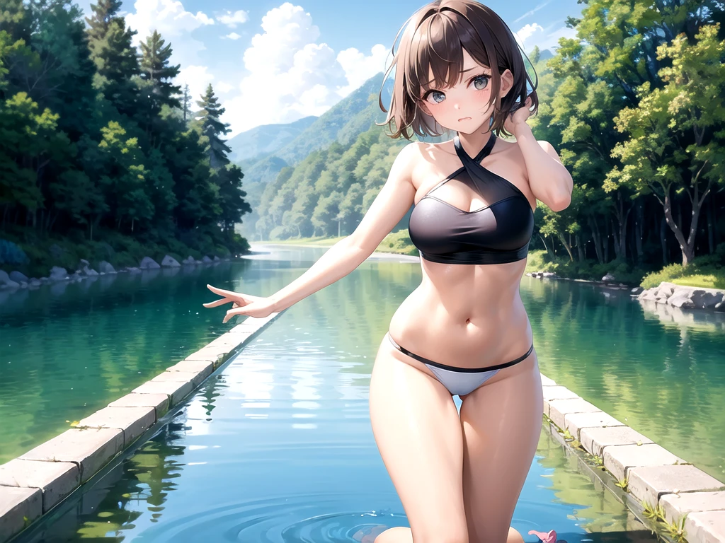 Create an image featuring a stylish girl in a swimsuit. The girl should be cute with light brown, bob-cut hair. She should have a sad, almost tearful expression on her face. Her pose should be kneeling, facing away from the viewer. Compose the image such that her buttocks are centered in the frame, with her tearful expression still visible.