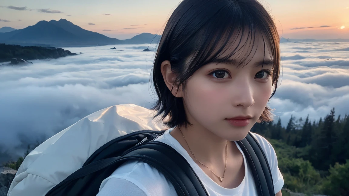 Highest quality, masterpiece, Ultra-high resolution, (Realistic:1.3), RAW Photos, (Nature landscape photography), (Majestic Mountain々The summit of the, sea of clouds), (とても大きな山The summit of the), (sunset), (One Girl), (Upper Body), (20-year-old), (smile:0.9), (Shiny skin), (short hair, Dark brown hair), (White T-shirt), (Casual shorts), (Carry a large backpack on your back), (Ultra detailed face), (Super beautiful poop), (Highly detailed eyes), (Highly detailed nose), (Highly detailed mouth), (Very skilled hands), (Super-detailed body), Sony a7, 85mm lens, f9.0, Pan Focus