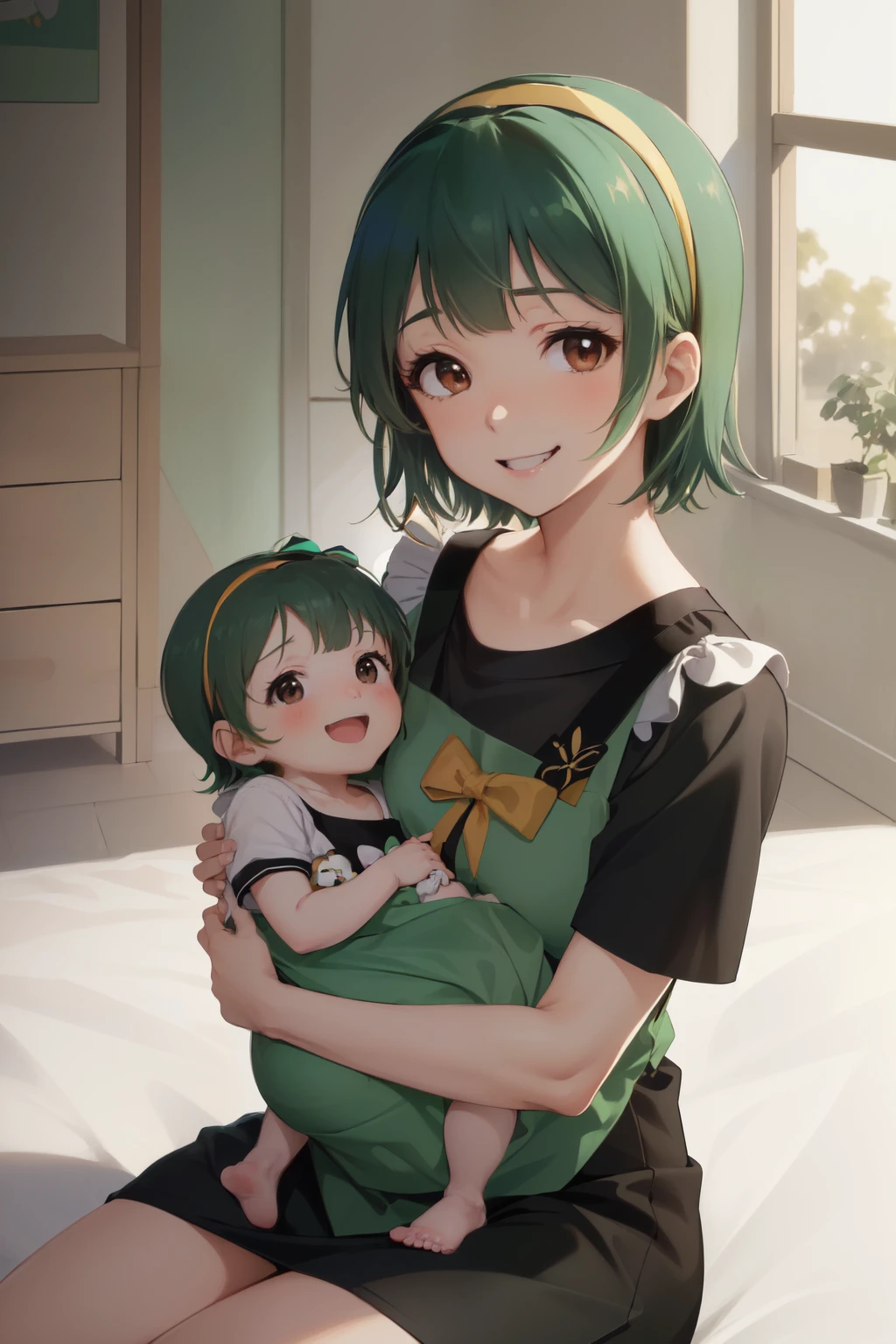 masterpiece, best quality, absurdres, perfect antomy, 1woman,1baby,(holding baby:1.5),(Otonashi Kotori, short hair, hairband, shirt black shirt, long leeves, smile, indoors, リビング,sitting:1.4)