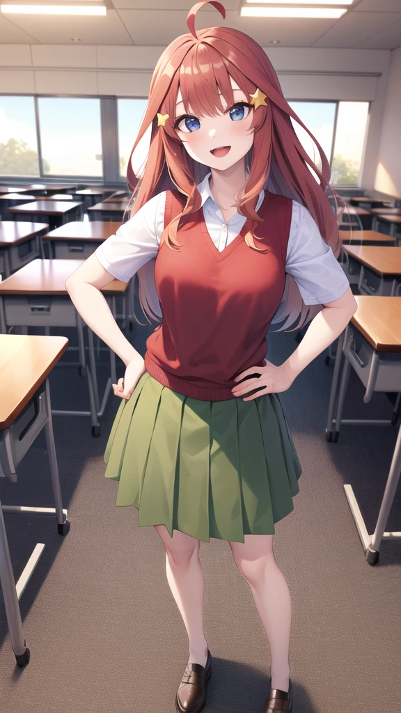 masterpiece, best quality, highres, aaitsuki, long hair, ahoge, star hair ornament, , red sweater, sweater vest, short sleeves, green skirt, pleated skirt, classroom, indoors, smile, open mouth, standing, cowboy shot, full body, hand on hip