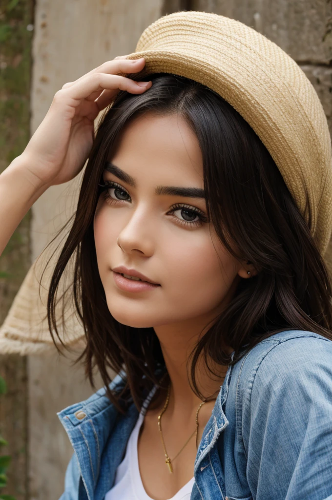 cute 22 year old girl, sonriente, gorra blanca, falda cora blanca, polo escotado blanco, cabello celeste, pechos grandes, piel blanca.