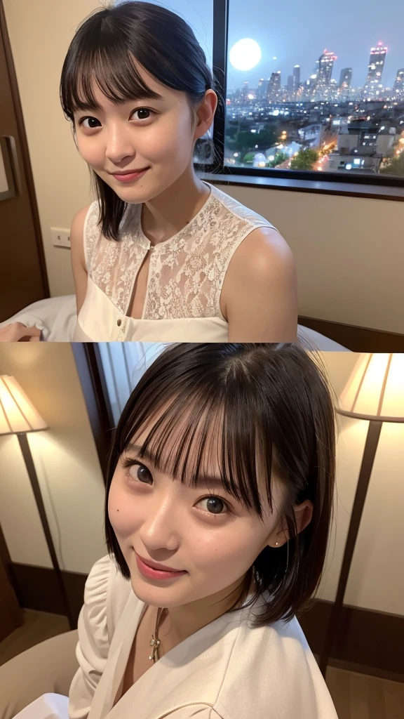 1girls、Japanese people、Beautiful people、Watching the view、Sorrisos(Sorrisos:1.2)、medium chest、beautifuldetailedeyes、Sunshine、short hair with bangs、(8K、beste Qualität、The Masterpiece:1.2)、(Realstic、photorealestic:1.37)、Ultra Verbose、、Lace Skirt、From Below、sitting on the before in the Room with night view、hotel suite、You can see the night view:1.35)