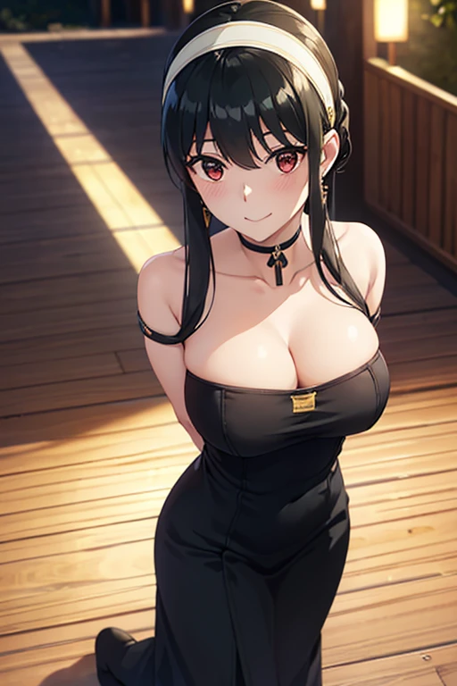 High resolution、masterpiece、Yor Briar、Black Hair、Gold headband、Gold earrings、Black dress、(No sleeve)、Black choker、Black long boots、Red eyes、Highlights for the eyes、Outside at night、Back alley at nightの背景、Gold Hair Ornament、Dark Background、Blushing、Elegant attire、Arms exposed、Back alley at night、darkness、Few lights、Blue light、Blue lights、moon明かり、青whiteい背景、Night cityscape、dramatic、Shynesoon、forest、smile、Looking at the camera、Very beautiful woman、front、Cleavage、frontを向く、((Highest quality、Best image quality、超High resolution、超High resolutionで描画、alone、Look closely at the camera、Lean forward to show your breasts、Listen carefully、Shine a light into your eyes、Long neck、Broad shoulders、arms hanging to the sides、stand、Bust seen from slightly above、Very beautiful adult woman、非常に精細なBeautiful Face、very fine and beautiful eyes、Innocence、Beautiful gesture、disappointing、シンメトリーのBeautiful Face))、1 Girl、Realistic、Written boundary depth、Natural soft light、Daytime、charm、Beautiful Face、Cleanliness、Pure Face、white, Shiny skin、cute、short hair、Black Hair、Beach、Light of the sun、Center of chest、Ezvian Everywhere、((Golden RatioのBeautiful Face、Golden Ratio、very beautiful big breasts、Beautiful and very large breasts、I opened my chest、Show to the audience、Expose your hips、Off the shoulder、clavicle、Expose your shoulders、Lean forward to show your breasts))、Long neck、Listen carefully、Neat long hair with bangs、whiteいヘアバンド、とてもsmile、Perfect Fingers、Perfect hands、Perfect body、Perfect Face、Shine a light into your eyes、Perfect Anatomy、Tall Supermodels、Long-legged supermodel、Supermodel with a Long neck、Broad shoulders、arms hanging to the sides、stand、Bust seen from slightly above、Bright windowsill background、Smile at the audience、Laughter、smile、Today is a very big、Beautiful Teeth、Beautiful Teeth alignment、Open your chest wide、Beautiful neckline、Very beautiful and sexy woman in revealing clothes、Keep an eye on your audience、Look up at the viewer slightly above、Look up a little、Shadow Fade、Tilt your head、Black elegant suit