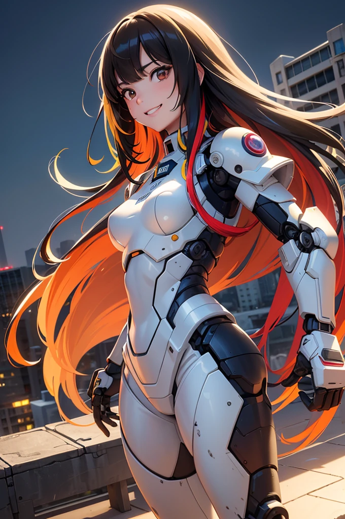 ****************、whole body、(Mechanical Suit)、Dynamic Pose、Small breasts、(smile、Perfect white teeth)、bangs、Long Hair、(Shiny Hair、Multicolored Hair、Smooth Hair)、RAW Photos, (Highest quality、masterpiece、Realistic photo:1.2)、Dramatic lighting、Bright lighting、Vivid Color、Super detailed、Brown eyes、Destroyed cityscape、