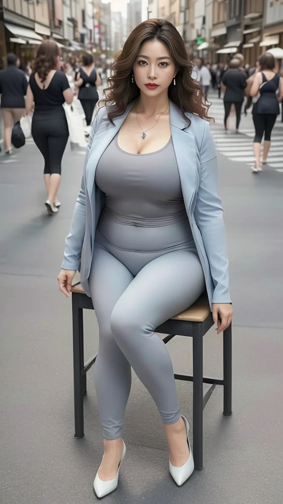 Japanese mature woman, (full body shot), standing, long legs, plump, sitting on a chair on the street, (city street background), outdoor, (alone), light blue coat, (no cleavage), makeup, (lipstick: 1.1), (eyeliner: 1.2), mascara, eye shadow, earrings, necklace,, light gray tight yoga pants, full body shot, 45 years old, big eyes, elegant temperament, hourglass figure, (masterpiece: 1.2, best quality), character focus shot, close-up, carefully, this is a perfect face, perfect figure, 8K, best quality, masterpiece, ultra-high resolution, (realistic: 1.4), original photo, stay focused, rich details, exquisite beauty, long curly hair, dynamic angle, (red lips), exquisite graphics, high heels