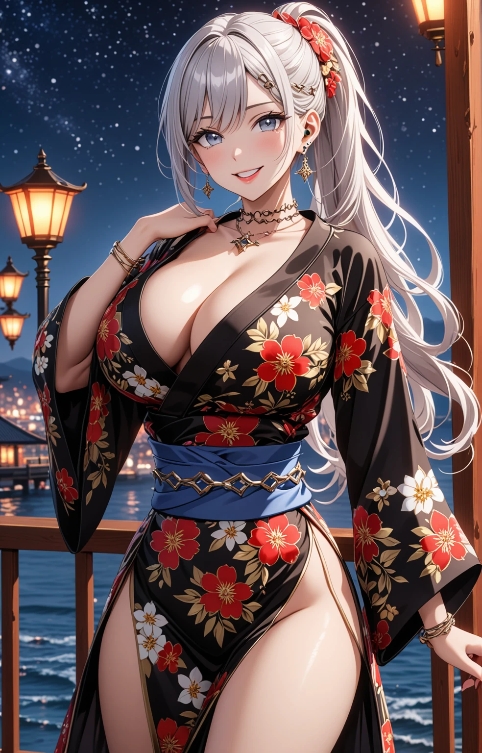 ((One personの女性)), Beautiful Face, (Laughing embarrassedly), (seductive smile:1.4), ((Wink:1.5)), (head tilt:1.3), Laugh with your mouth wide open, upper teeth, looking at viewer, (Doing sexy poses), ((full-face brash:1.4)), Glossy Red Lips, ((huge breasts:1.2)), night,Terrace with sea view, Starry Sky, Glossy pink lips, (Shining Face), ((Anime style background)),masterpiece, Highest quality, so beautiful,up to date, Complex details, (long nails of red color), (nail art), (ring),(bracelet),(Floral choker), (ring helix piercing:1.7), AI-generated, Complex,High resolution, Highest quality, super high quality,3D Images、3D Images,One person,Long white hair,High Ponytail, Anime woman posing for a photo, ((silver eyes:1.7)), ((Fine grain、Light blue eyes、Shining Eyes:1.4)), (Squint your eyes:1.1),a hyperRealistic , hyperRealistic , Realistic,Anime woman with long white hair, Smooth anime CG art, (A woman in a colorful kimono with gold embroidery), ((Black long sleeve kimono:1.3)), Red floral pattern,Long flower hair ornament,Floral Earrings,Mature Body,Tall,Abdominal muscles,Tight waist, full body, ((face focus:1.3)), (dutch angle:1.2),