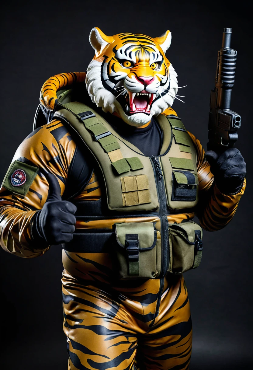 (a dark-skinned fat muscular old man in a bulky camouflage zipper diver suit) carrying a gun and (wearing realistic roaring siberian tiger mask), thumbs up, muscular, Basuki Abdullah, sumatraism, action, a character portrait, heroic, fierce, snarling