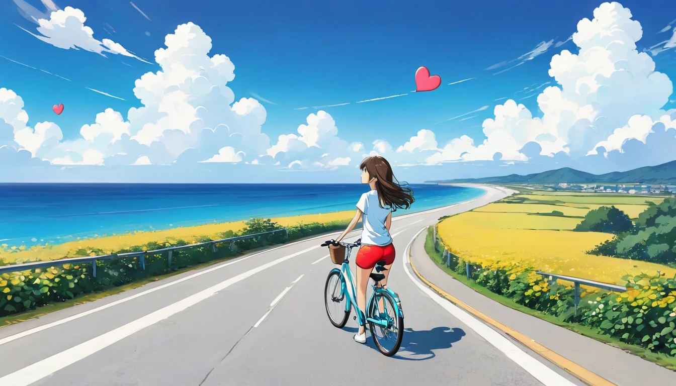 Seizo Watase style, Simple Line Initialism,Abstract art,Urban Background, colorful hearts ,(((The most beautiful girl of all time))), Along the coastal road, astride a bicycle, looking out to sea, blue sky, white clouds, summer landscape