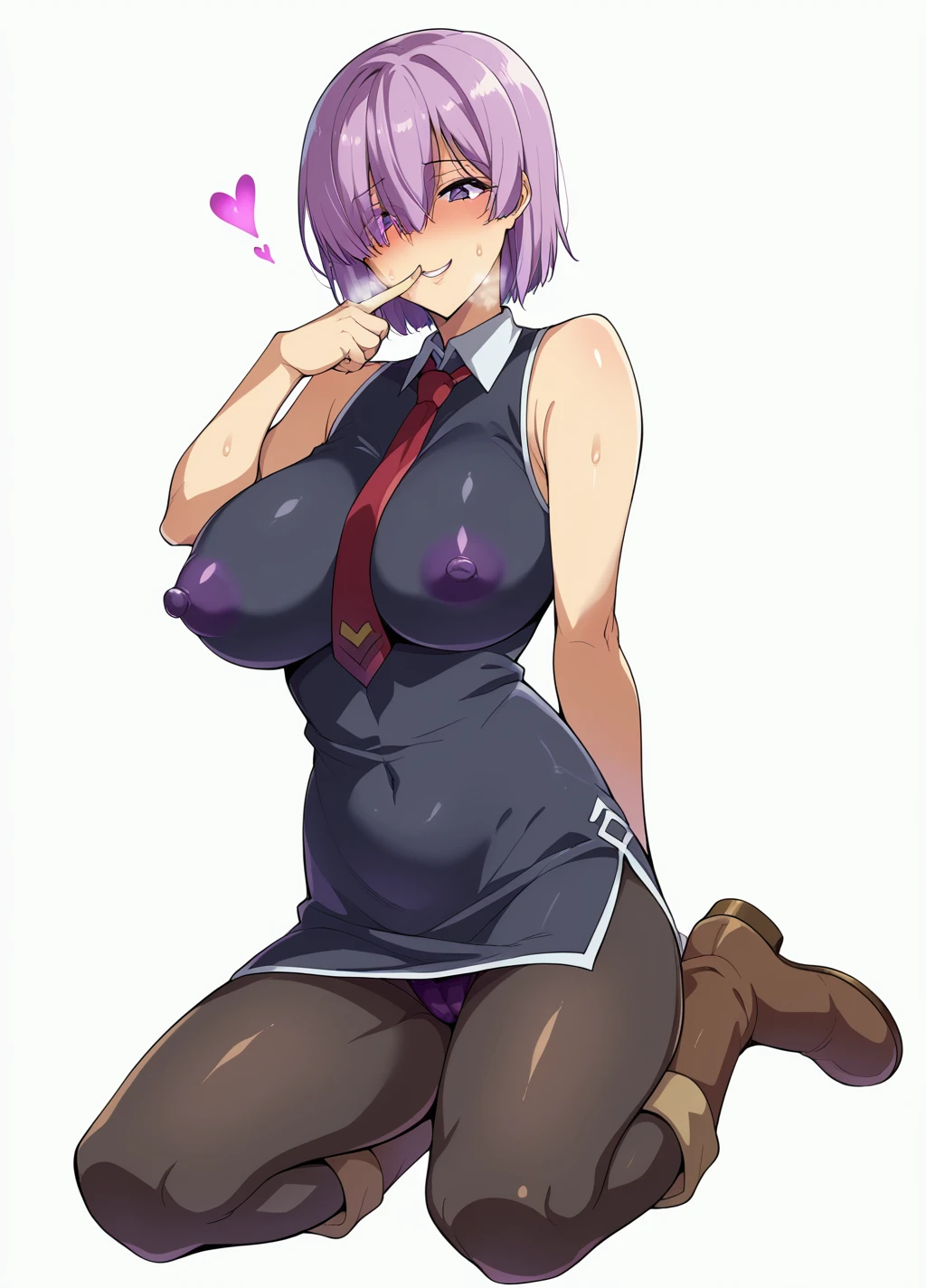 turn around、back、Ultra-detailed illustrations、Ultra-precise expression、masterpiece、Highest quality、ultra High resolution、High resolution、Hiromitsu Takeda Style、White background、Simple Background、One girl、solo、Mash Kyrielight、light purple hair,short hair,hair over one eyes、Black sleeveless dress, White collar、Red tie、Black Pantyhose、Purple panties、Brown boots、Purple eyes、Vulgar expression、smile、Open your mouth、blush、Large Breasts、Big Breasts、Erect nipples、Choker of Hearts、White Breath、Sweat、Glowing Skin、shiny skin、Angle behind、View your viewers、Place the index finger of one hand over your mouth、