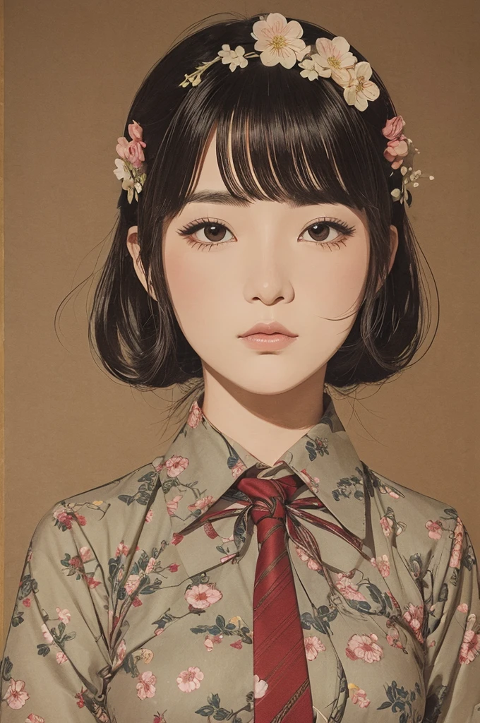 a close up of a cartoon of a woman in a uniform, transgressive art, sōsaku hanga, by Nagasawa Rosetsu, long tie, shibari, tie, wide ribbons, japanese shibari with flowers