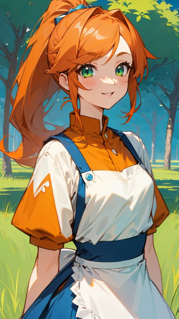 1 Girl、anime painting、Small breasts、White blouse、Blue Skirt、Apron appearance、Orange Hair、ponytail、Beautiful green eyes、smile、joy、Upper body close-up、Early summer roadside trees background、Sharp contours