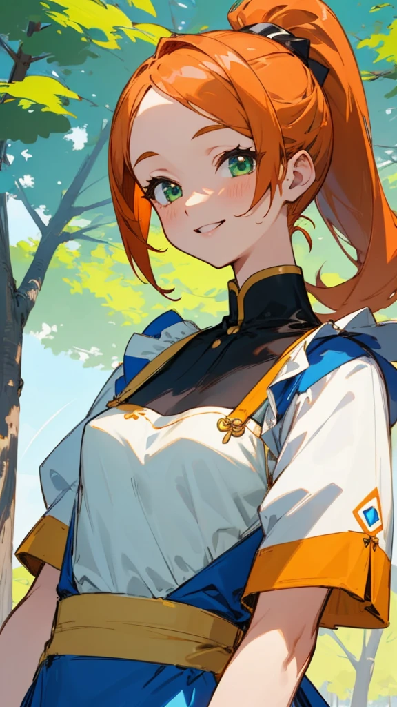 1 Girl、anime painting、Small breasts、White blouse、Blue Skirt、Apron appearance、Orange Hair、ponytail、Beautiful green eyes、smile、joy、Upper body close-up、Early summer roadside trees background、Sharp contours